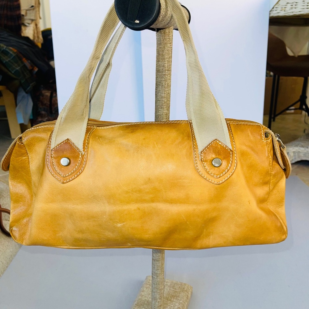 Tan Yellow Leather Satchel Bag Webbing Canvas Handles Canvas Lining Barrel Purse